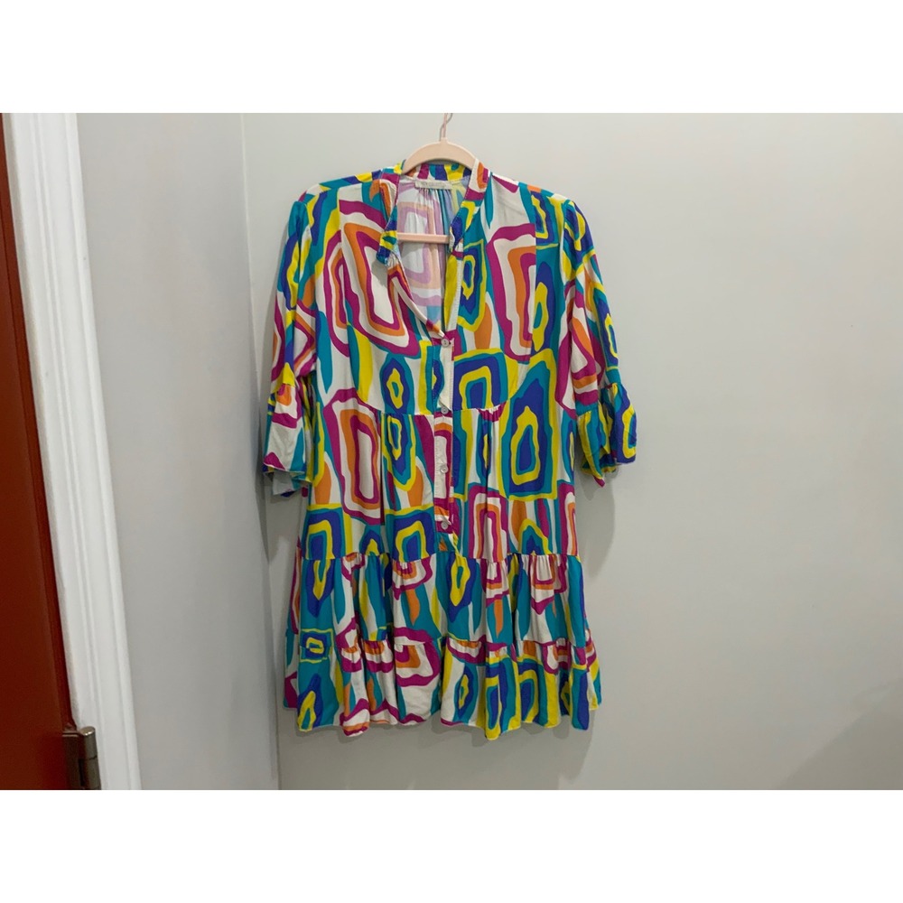 New Collection Italian Abstract Geometric Print Tiered Viscose Mini Dress Multi